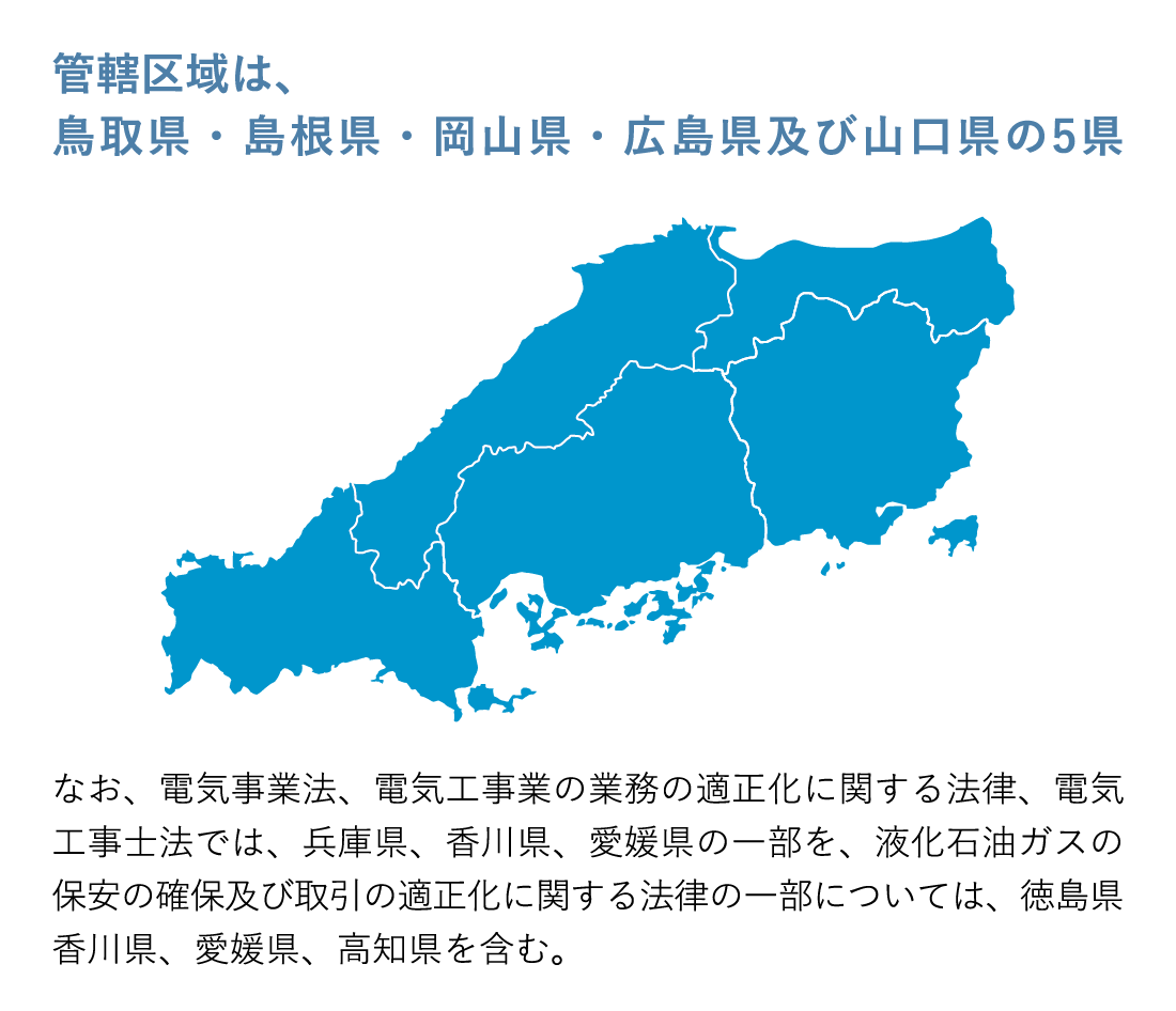 管轄区域図：管轄区域は、鳥取県・島根県・岡山県・広島県及び山口県の5県。なお、電気事業法、電気工事業の業務の適正化に関する法律、電気工事士法では、兵庫県、香川県、愛媛県の一部を、液化石油ガスの保安の確保及び取引の適正化に関する法律の一部については、徳島県香川県、愛媛県、高知県を含む。
